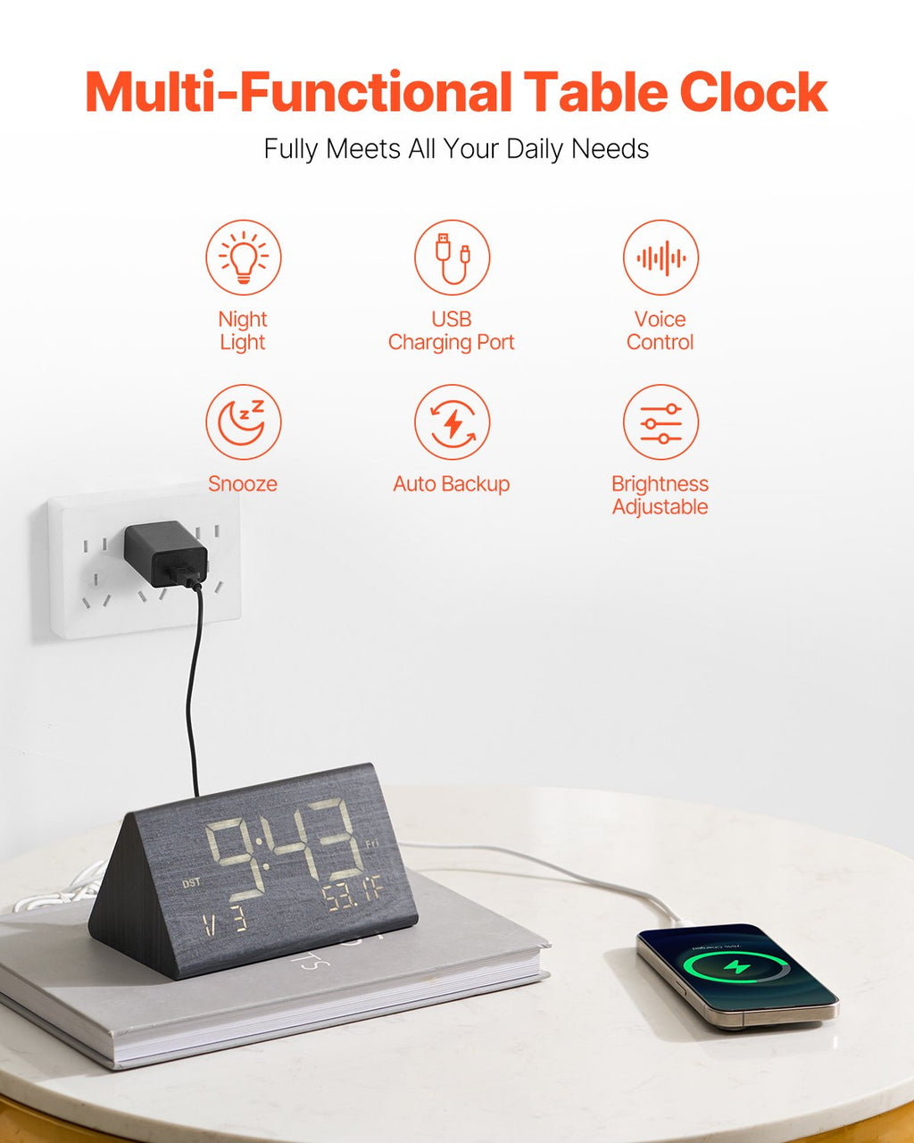 Digital Alarm Clock, Wooden Desk Clock With Dual Alarm, USB Port, Snooze, Night Light, Voice Control, Adjustable Volume, Bedside Desktop Clock With Charger For Bedroom, Kitchen, Office, Black