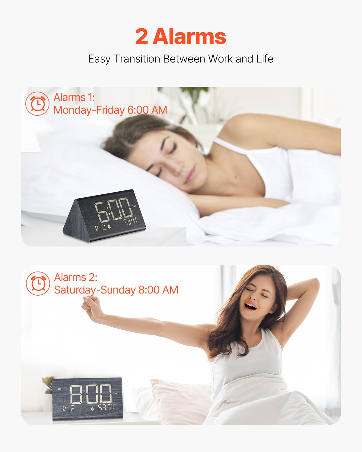 Digital Alarm Clock, Wooden Desk Clock With Dual Alarm, USB Port, Snooze, Night Light, Voice Control, Adjustable Volume, Bedside Desktop Clock With Charger For Bedroom, Kitchen, Office, Black