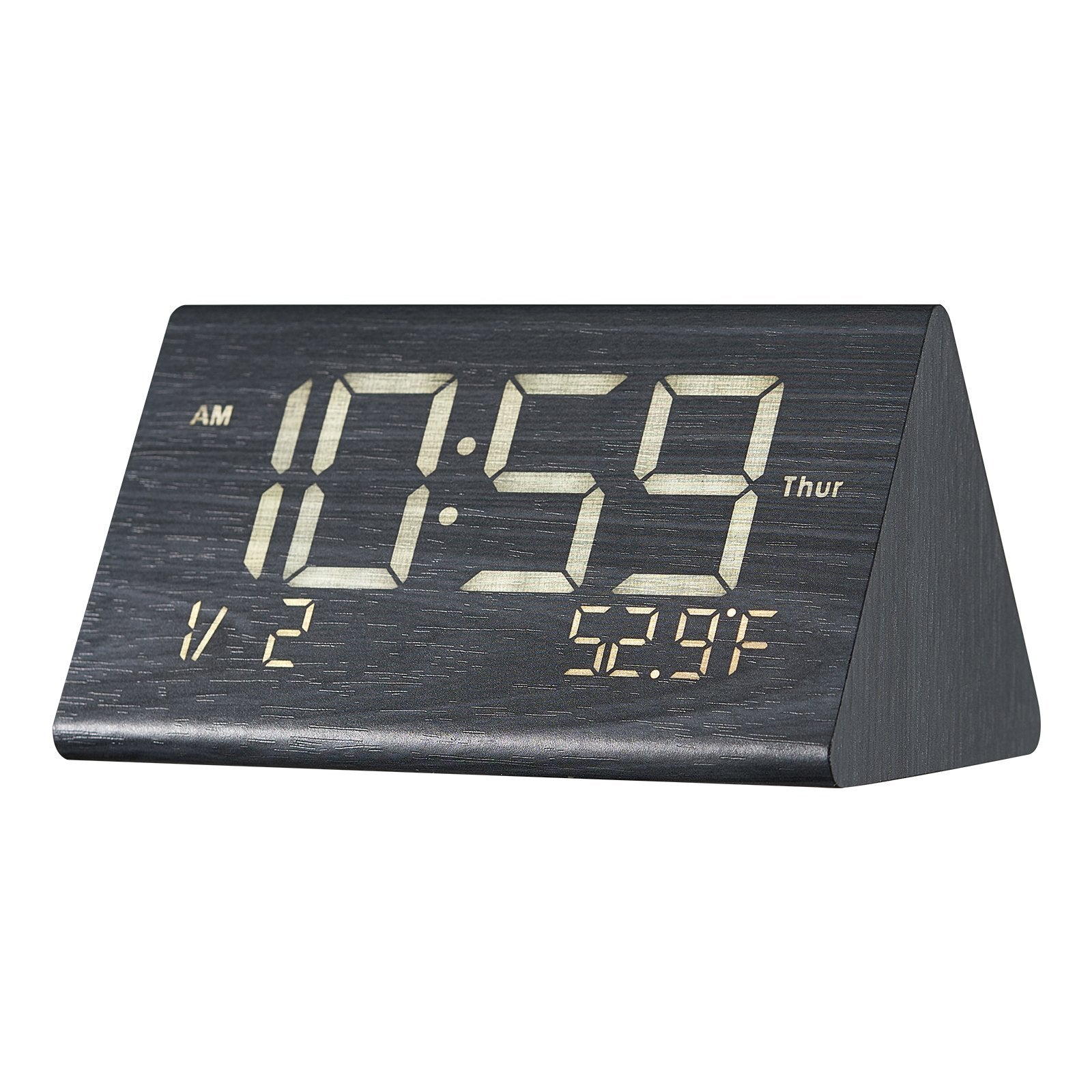 Digital Alarm Clock, Wooden Desk Clock With Dual Alarm, USB Port, Snooze, Night Light, Voice Control, Adjustable Volume, Bedside Desktop Clock With Charger For Bedroom, Kitchen, Office, Black