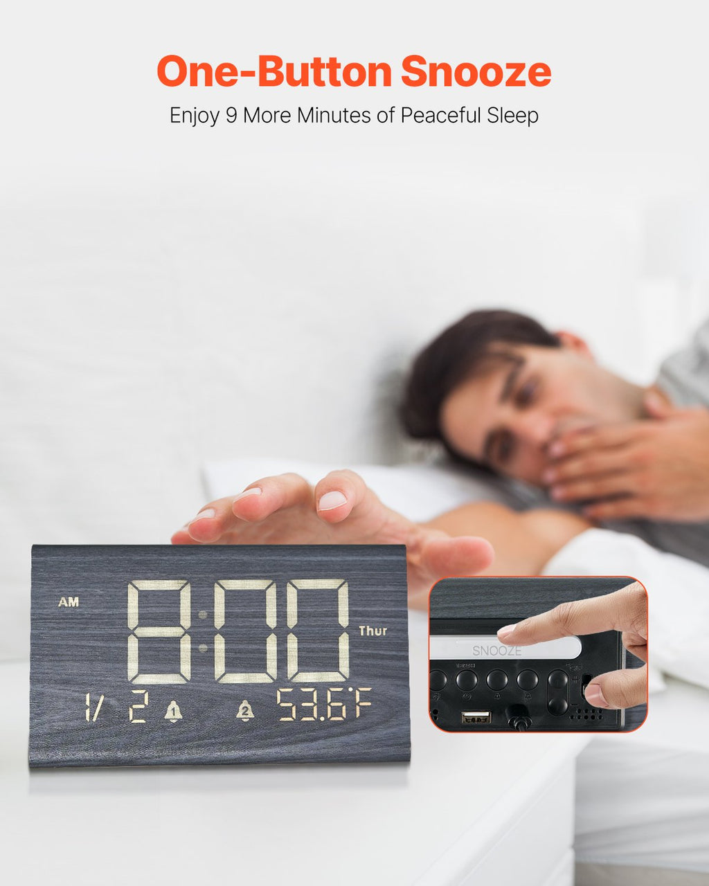 Digital Alarm Clock, Wooden Desk Clock With Dual Alarm, USB Port, Snooze, Night Light, Voice Control, Adjustable Volume, Bedside Desktop Clock With Charger For Bedroom, Kitchen, Office, Black