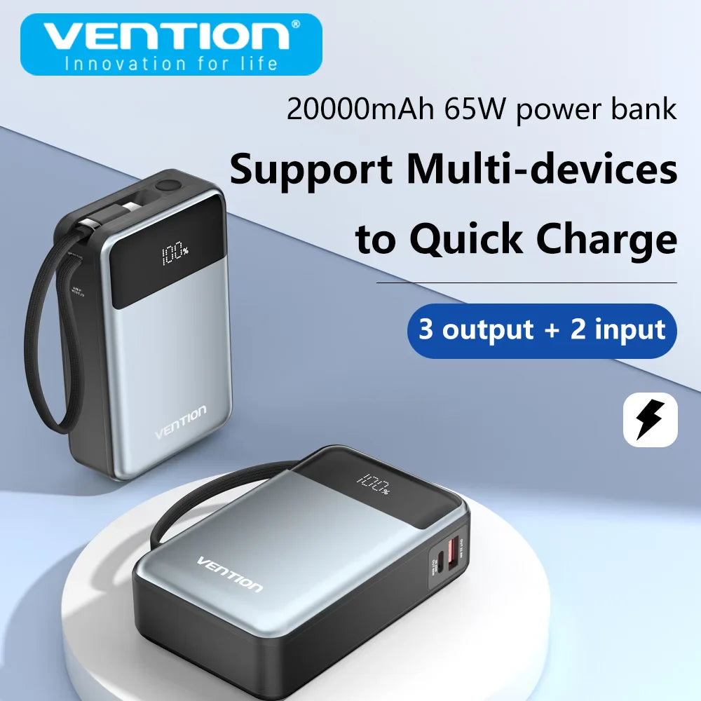 20000mAh 65W PD Power Bank with Built-in USB-C Cable - Portable 3-Port Laptop Fast Charger with LED Display