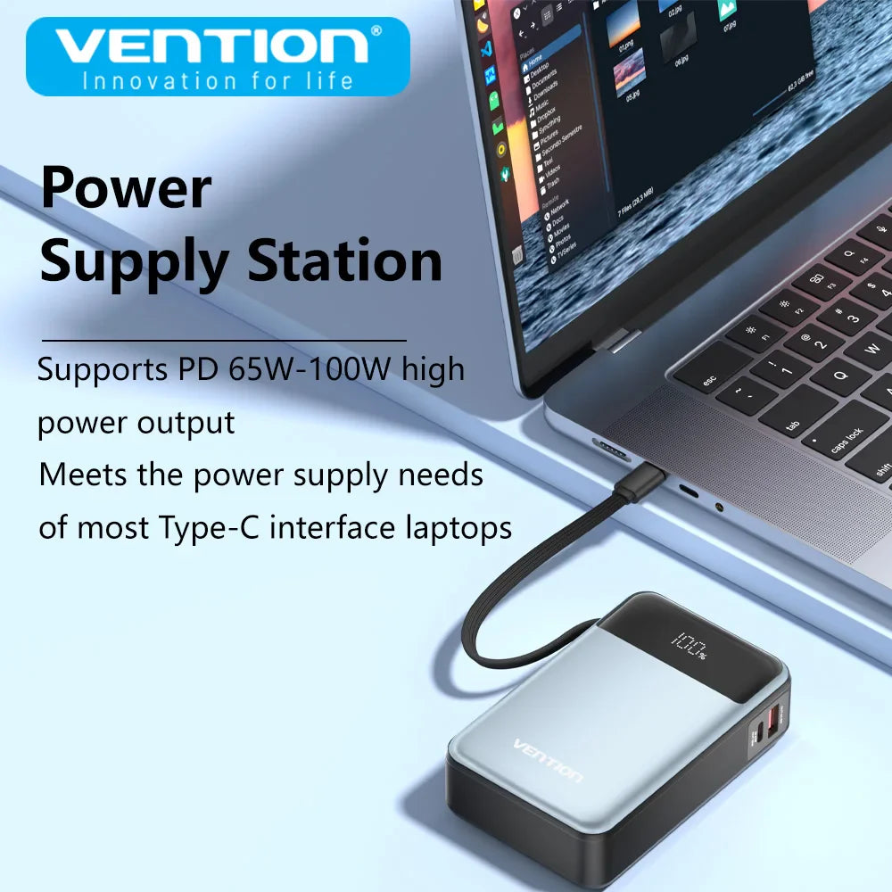 20000mAh 65W PD Power Bank with Built-in USB-C Cable - Portable 3-Port Laptop Fast Charger with LED Display