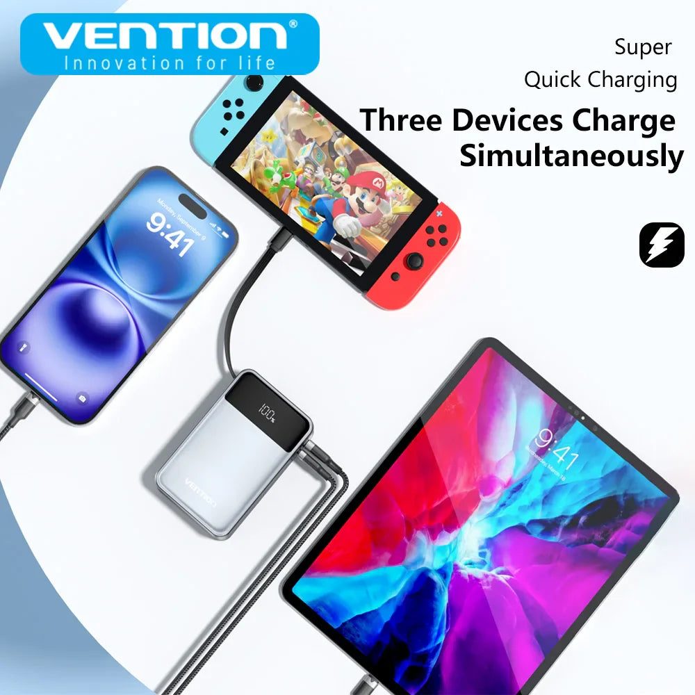 20000mAh 65W PD Power Bank with Built-in USB-C Cable - Portable 3-Port Laptop Fast Charger with LED Display