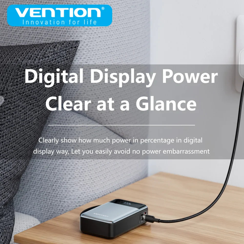 20000mAh 65W PD Power Bank with Built-in USB-C Cable - Portable 3-Port Laptop Fast Charger with LED Display