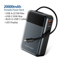 20000mAh 65W PD Power Bank with Built-in USB-C Cable - Portable 3-Port Laptop Fast Charger with LED Display
