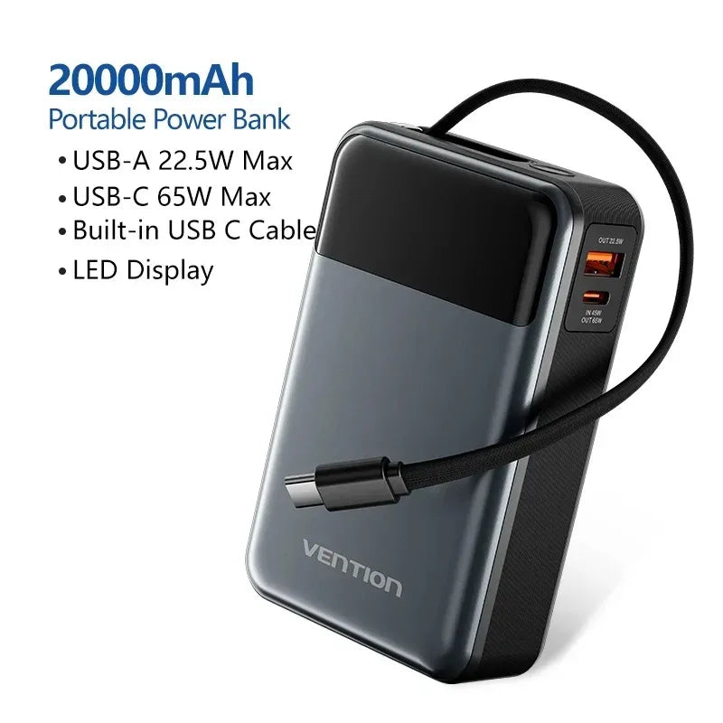 20000mAh 65W PD Power Bank with Built-in USB-C Cable - Portable 3-Port Laptop Fast Charger with LED Display